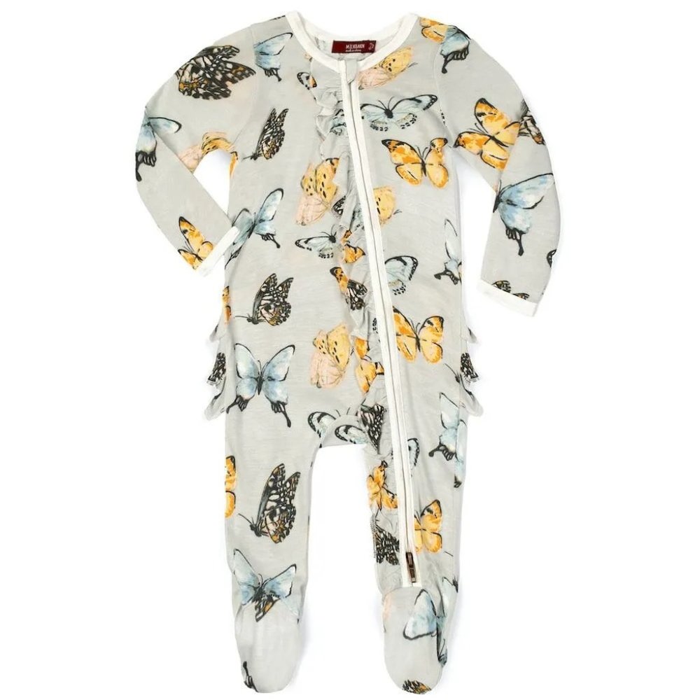 Milkbarn Bamboo Ruffle Zipper Footed Romper - Butterfly NWT